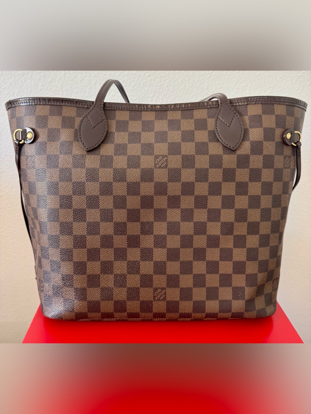 Louis Vuitton Neverfull MM Damier Ebene Brown Tote Red Interior